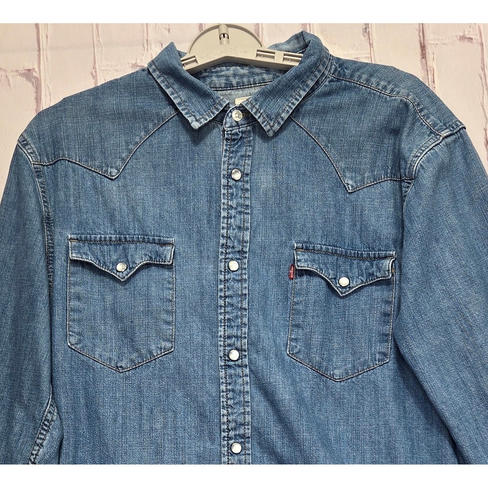 Levis Denim Western Shirt Blue Pearl Snap Button Long Sleeve Workwear Mens Large
